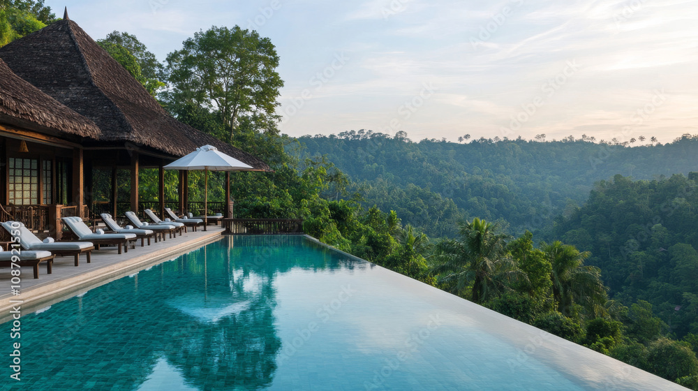 Fototapeta premium Serene wellness retreat with infinity pool and lush forest view