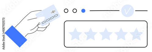 Hand holding a credit card, progress bar with three steps, and five-star rating. Ideal for business, customer feedback, e-commerce, online payment, user experience ratings product reviews. Line