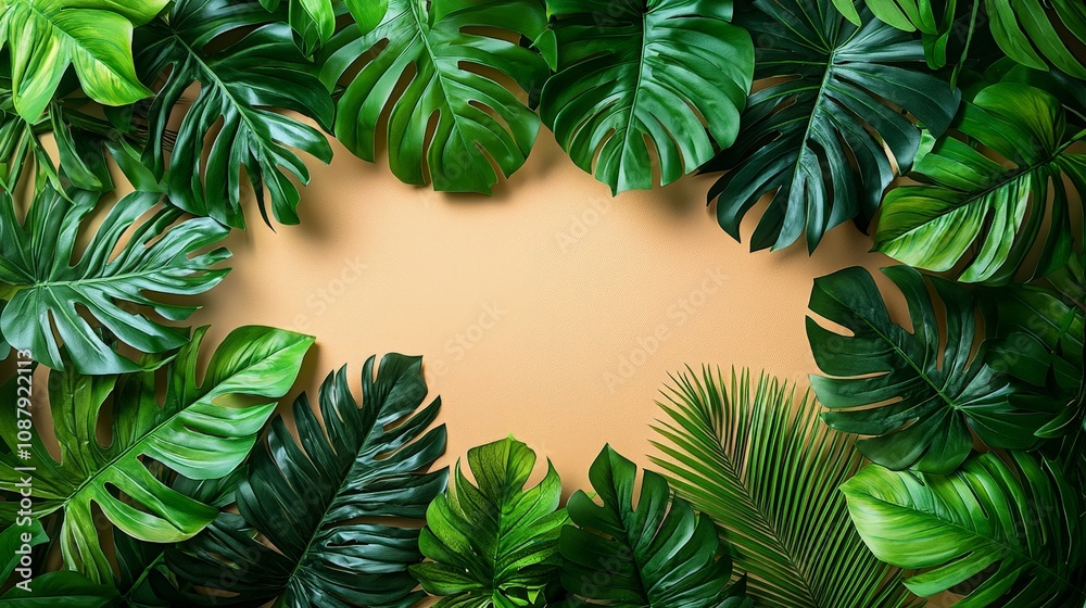 A vibrant arrangement of tropical leaves framing a blank space for text or design. A vibrant arrangement of tropical leaves framing a blank space for text or design.