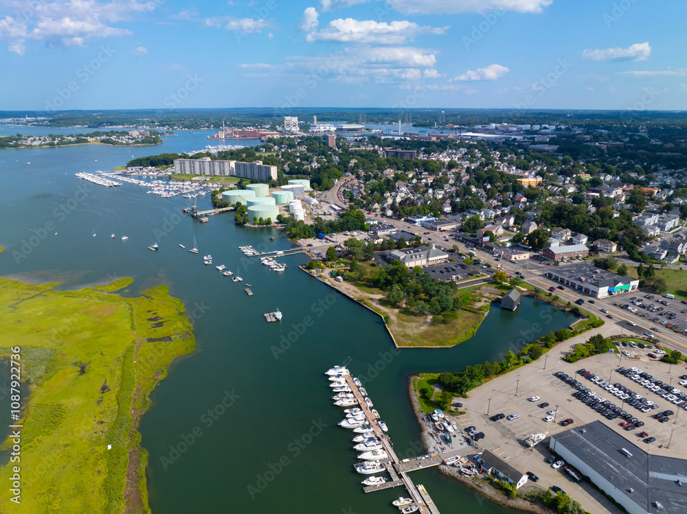 Fototapeta premium Town River Bay coast aerial view in Quincy Bay in city of Quincy, Massachusetts MA, USA. 