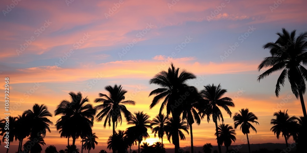 Collection of palm tree silhouettes against a colorful sunset sky, dusk Collection of palm tree silhouettes against a colorful sunset sky, dusk