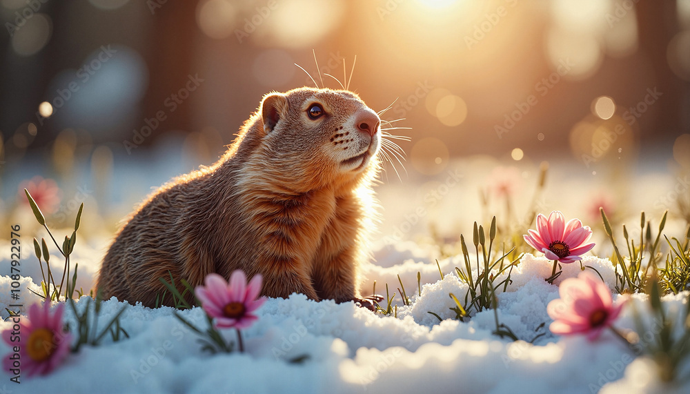custom made wallpaper toronto digitalCurious groundhog in snowy field with spring flowers