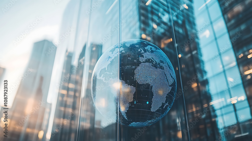 A double exposure of digital data and globe with a glass building in the background, symbolizing global business digital world is reflected in the buildings' windows A double exposure of digital data and globe with a glass building in the background, symbolizing global business digital world is reflected in the buildings' windows