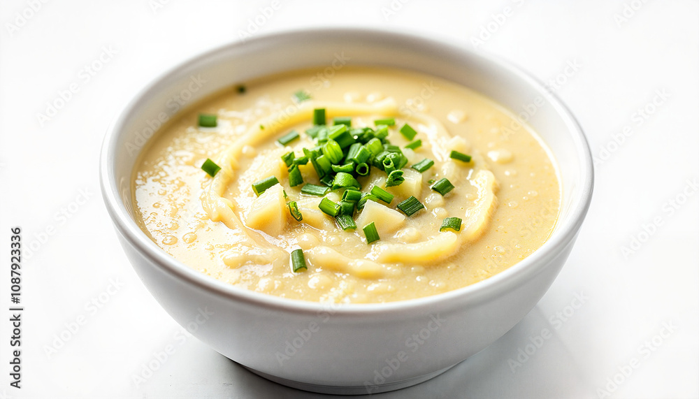 Creamy potato soup with chives in white bowl Creamy potato soup with chives in white bowl