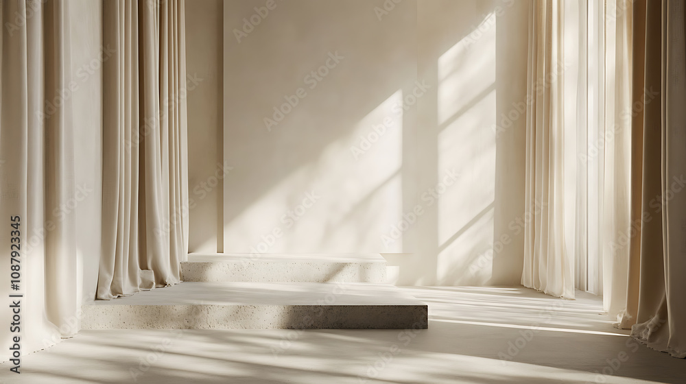 Fototapeta premium Aesthetic minimalist interior design template featuring a neutral modern empty room with sunlight casting shadows, a white blank wall, beige linen curtains, and a stone floor or tabletop
