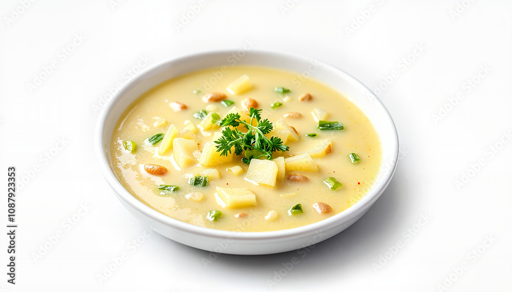 Creamy potato soup with herbs in white bowl Creamy potato soup with herbs in white bowl