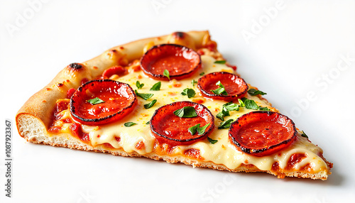 Pepperoni pizza slice with melted cheese and herbs