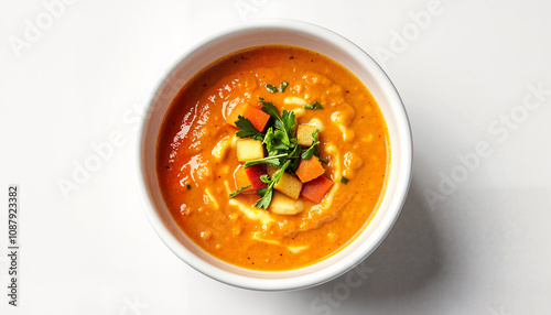 Creamy orange vegetable soup with colorful garnish