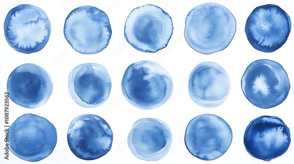 Abstract blue watercolor brush strokes in the shape of circles on a white background, with a white and light blue color scheme Abstract blue watercolor brush strokes in the shape of circles on a white background, with a white and light blue color scheme