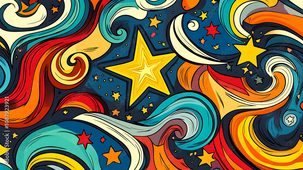 Fototapeta Colorful psychedelic background with swirling waves and stars Retro groovy pattern for tshirt print, wallpaper design