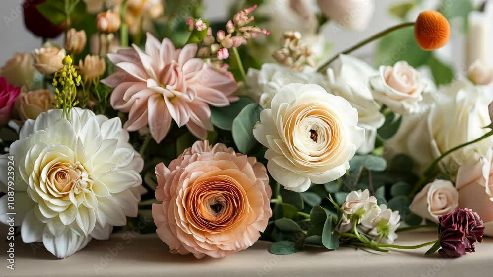 A bouquet of flowers with a mix of pink and white flowers. The flowers are arranged in a vase and are placed on a table. The bouquet has a fresh and vibrant look, which gives off a cheerful