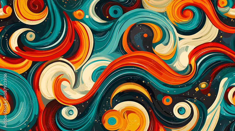 Colorful psychedelic background with swirling waves and stars Retro groovy pattern for tshirt print, wallpaper design Colorful psychedelic background with swirling waves and stars Retro groovy pattern for tshirt print, wallpaper design