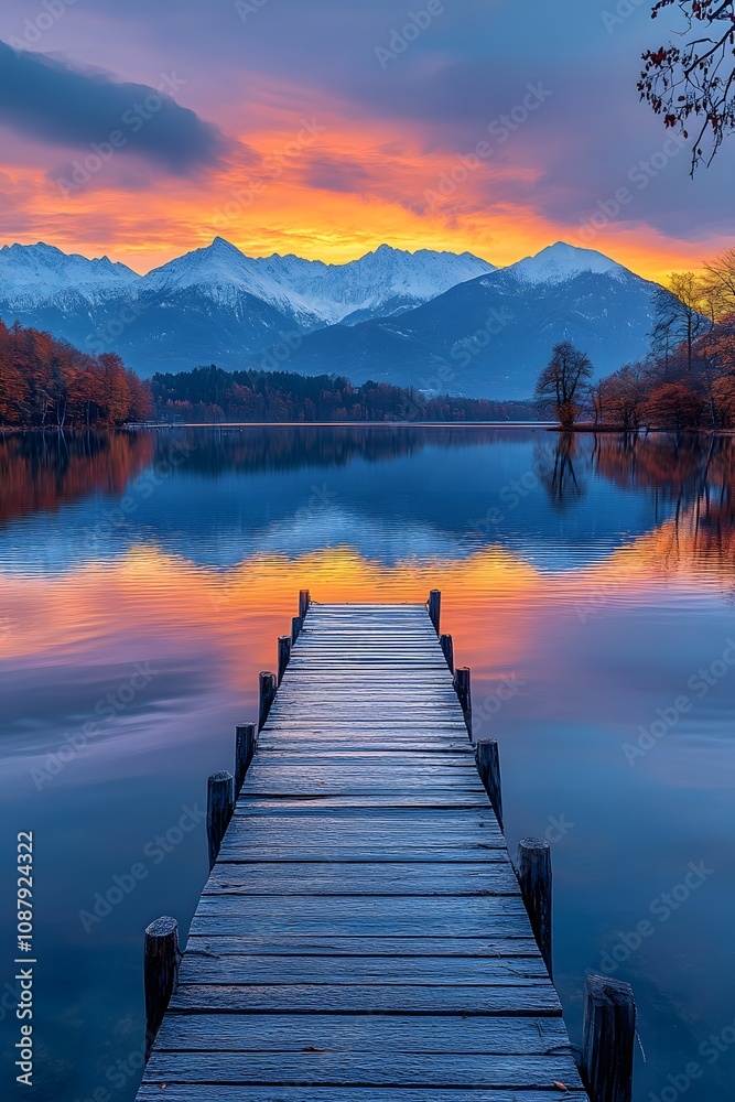 A serene lake at sunset with mountains, reflecting vibrant colors and a wooden pier. A serene lake at sunset with mountains, reflecting vibrant colors and a wooden pier.
