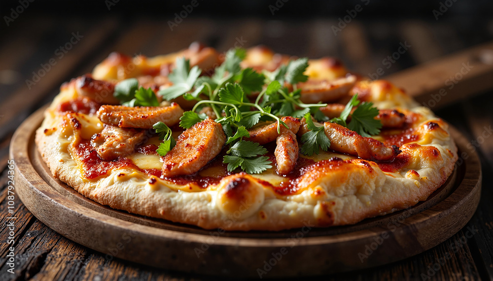 Sausage pizza with fresh herbs on wooden board