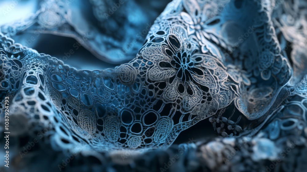 Close up of delicate blue lace fabric with intricate floral patterns. Close up of delicate blue lace fabric with intricate floral patterns.