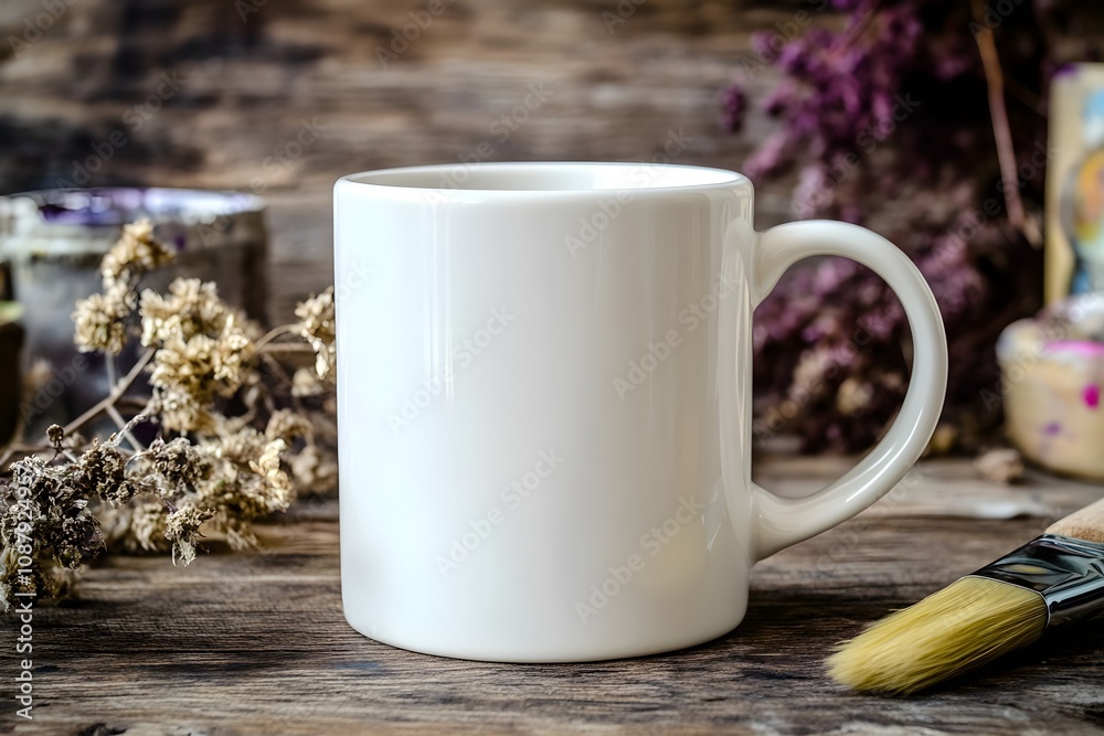 Blank white mug mockup in a creative studio surrounded by paints, brushes and artwork. Blank white mug mockup in a creative studio surrounded by paints, brushes and artwork.
