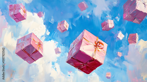 Fototapeta Naklejka Na Ścianę i Meble -  Pink gift boxes floating in the air from acrylic oil bright paint large strokes