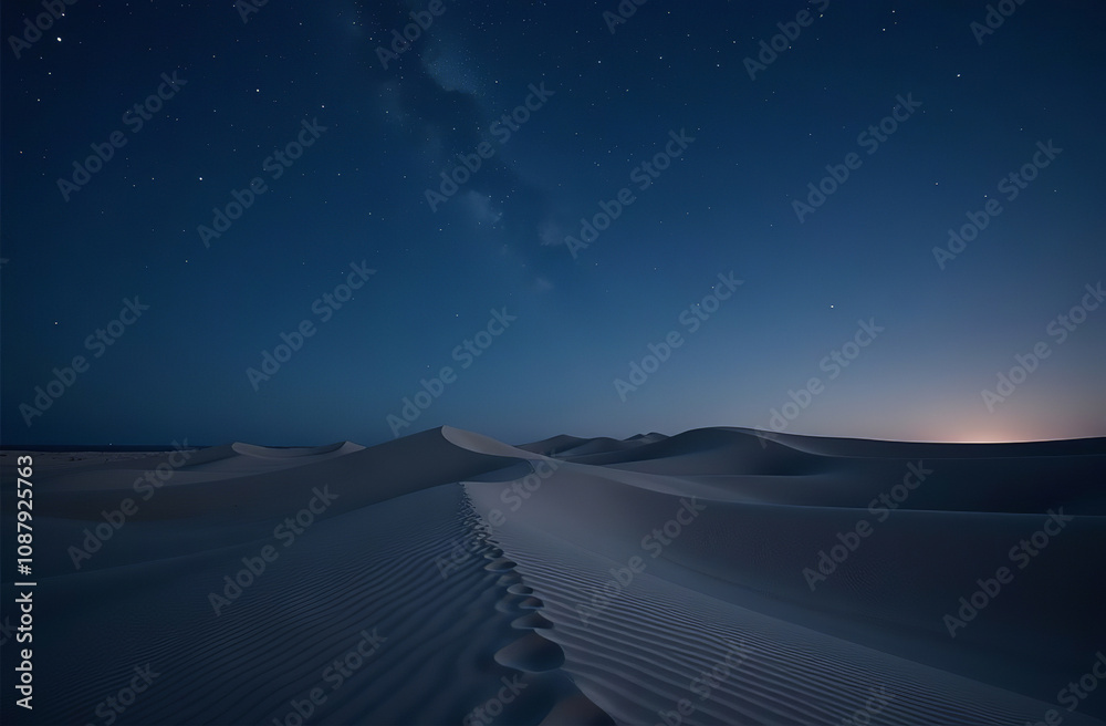 Sand dunes in moonlight, deserted desert red hills at night sky. AI Generative