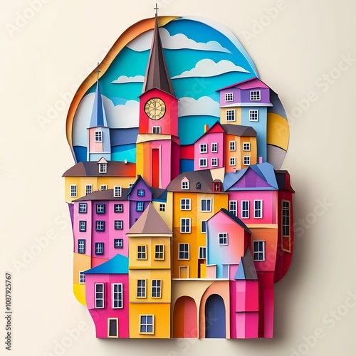 Dudelange, Luxembourg, paper cut illustration - A clock tower with a clock on its side photo