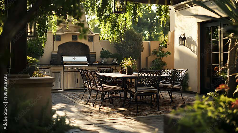 Obraz premium Inviting patio with comfortable table chairs and grill perfect outdoor living space for entertaining and relaxation home exterior photography