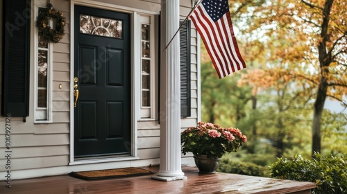 Patriotic american flag displayed on house porch with festive wreath for independence day celebration