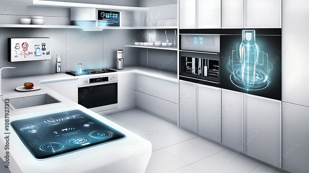 Modern kitchen with smart appliances and ai voicecontrolled oven smart home concept Modern kitchen with smart appliances and ai voicecontrolled oven smart home concept