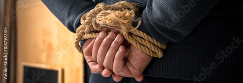 Photography kidnapped man's hands tied with rope, criminal concept