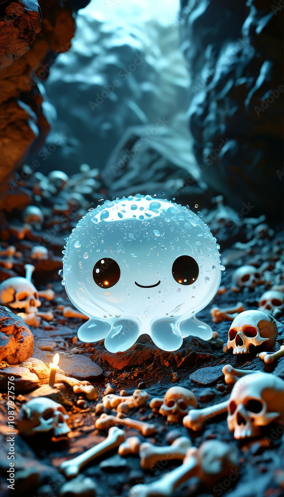 cute and scary shadow slime in a dead land with bones and skulls, horror landscape, ironic scenery, happy little creature, good vibes, smile, adorable google eyes, funny cute character cute and scary shadow slime in a dead land with bones and skulls, horror landscape, ironic scenery, happy little creature, good vibes, smile, adorable google eyes, funny cute character