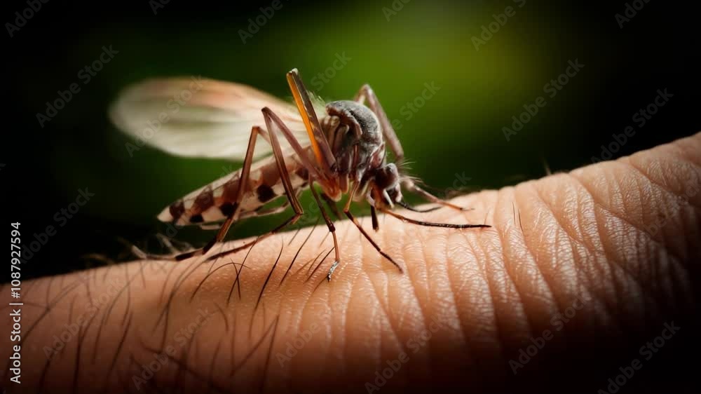 A close-up shot of a mosquito landing on a person's arm.