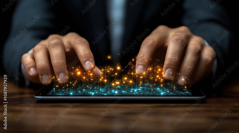 Fototapeta premium Hands interacting with a glowing tablet showcasing data and analytics. AI-generated