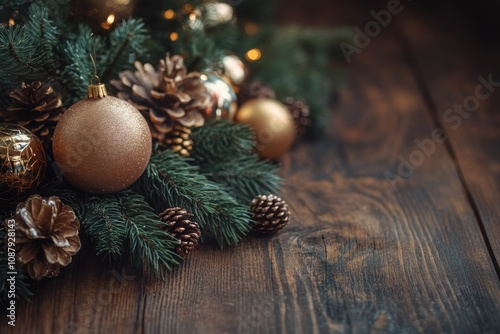 festive table decor, luxurious christmas decor set on a wooden table with space for text