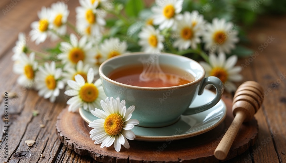 Steaming cup of chamomile tea on a rustic wooden surface, surrounded by fresh chamomile flowers and a wooden honey dipper for a soothing ambiance Steaming cup of chamomile tea on a rustic wooden surface, surrounded by fresh chamomile flowers and a wooden honey dipper for a soothing ambiance