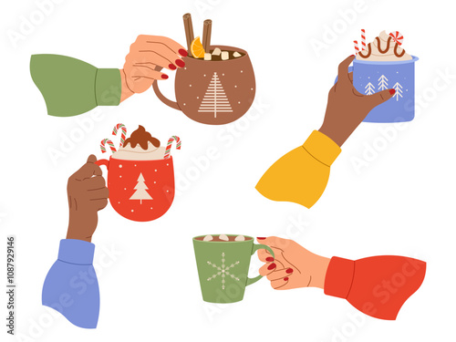 Diverse hands holding cups of hot sweet beverages. Vector illustration for cozy themes, holiday designs and concepts promoting inclusivity and warmth