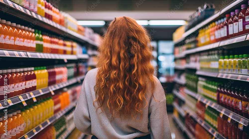 Conscious Consumerism Woman Thoughtfully Navigating Supermarket Aisles, Prioritizing Nutritional Values, Prices Conscious Consumerism Woman Thoughtfully Navigating Supermarket Aisles, Prioritizing Nutritional Values, Prices