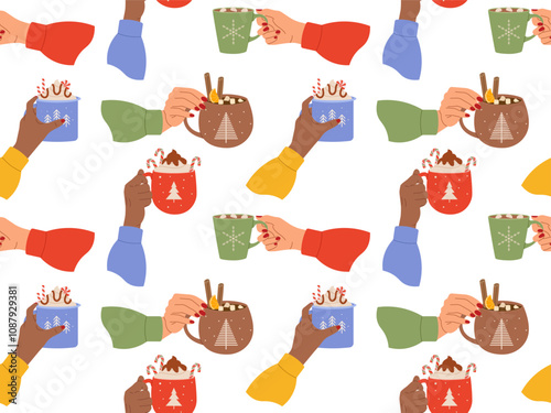 Diverse hands holding cups of hot sweet beverages seamless pattern. Vector illustration for cozy themed designs, holiday decorations, and seasonal backgrounds