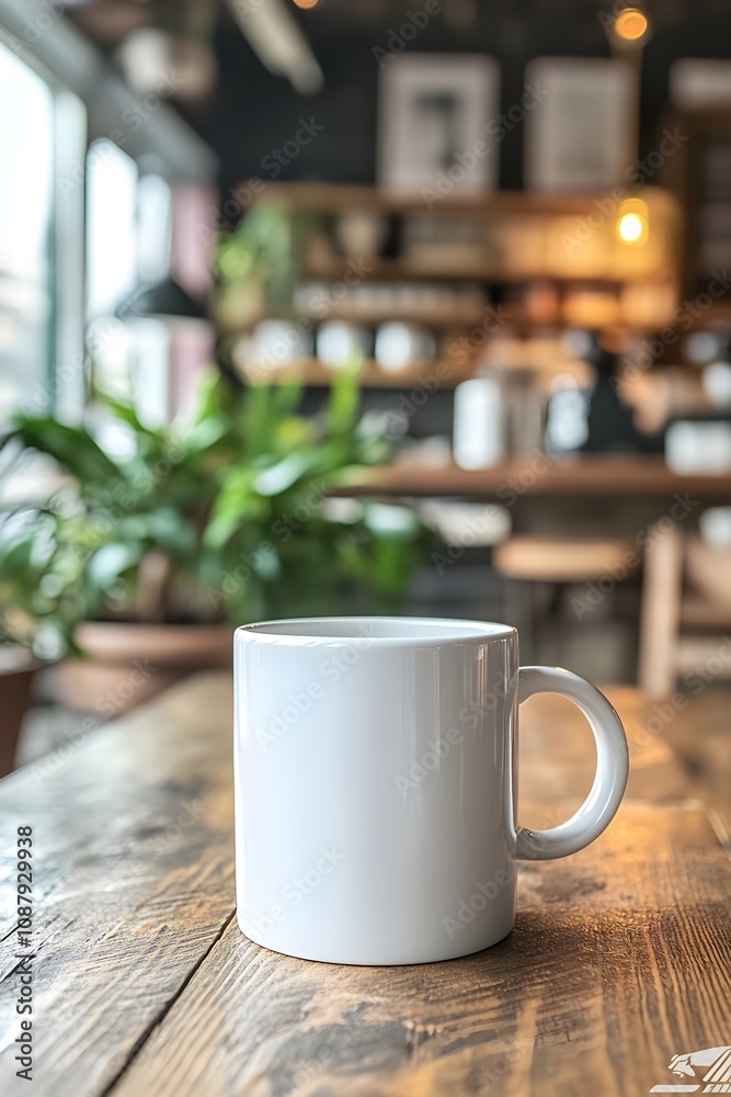 Blank white mug mockup on a stylish table in a cafe, with plants and cozy seating. Blank white mug mockup on a stylish table in a cafe, with plants and cozy seating.