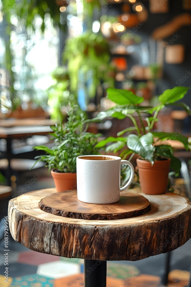 Blank white mug mockup on a stylish table in a cafe, with plants and cozy seating. Blank white mug mockup on a stylish table in a cafe, with plants and cozy seating.