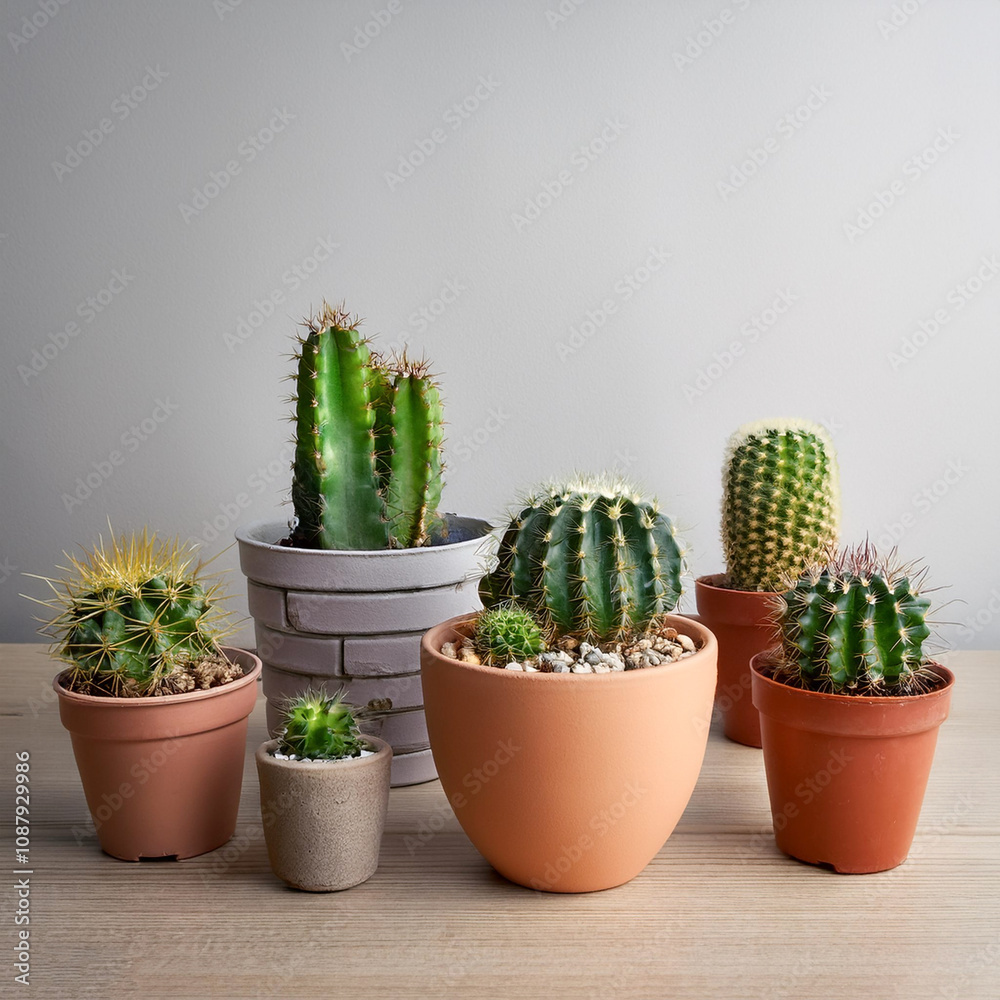 Mini cactus plant pots arranged on a light wooden surface with a plain light grey background Mini cactus plant pots arranged on a light wooden surface with a plain light grey background