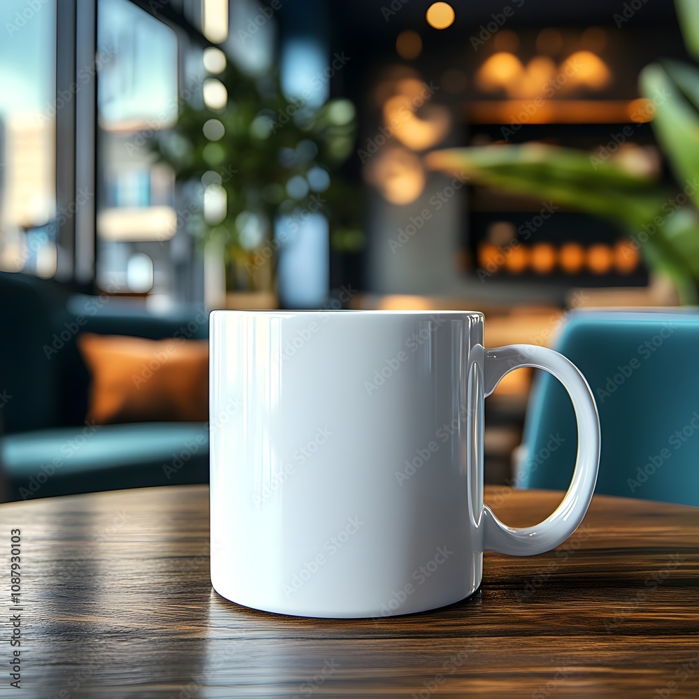 Blank white mug mockup on a stylish table in a cafe, with plants and cozy seating.