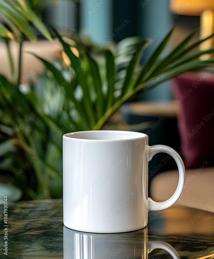 Blank white mug mockup on a stylish table in a cafe, with plants and cozy seating. Blank white mug mockup on a stylish table in a cafe, with plants and cozy seating.