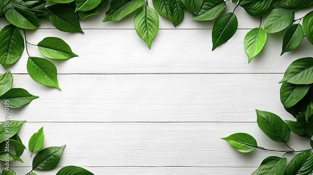 Lush green leaves frame on white wood. Lush green leaves frame on white wood.
