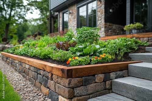A lush vegetable garden grows in a raised bed with stone retaining wall and wooden trim, next to stone steps and a modern home.