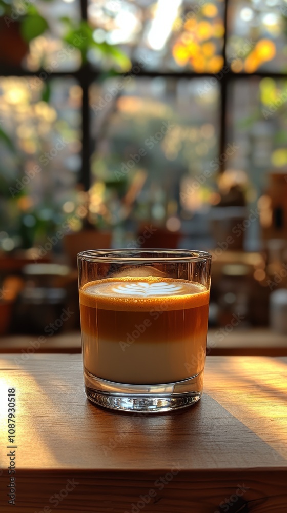 A beautifully layered coffee drink served in a glass, showcasing a rich caramel hue and creamy froth, set against a warm, sunlit background. A beautifully layered coffee drink served in a glass, showcasing a rich caramel hue and creamy froth, set against a warm, sunlit background.