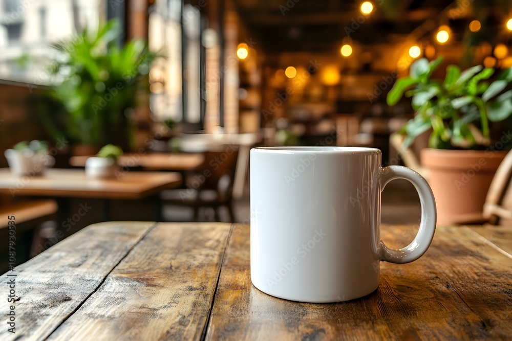 Blank white mug mockup on a stylish table in a cafe, with plants and cozy seating.