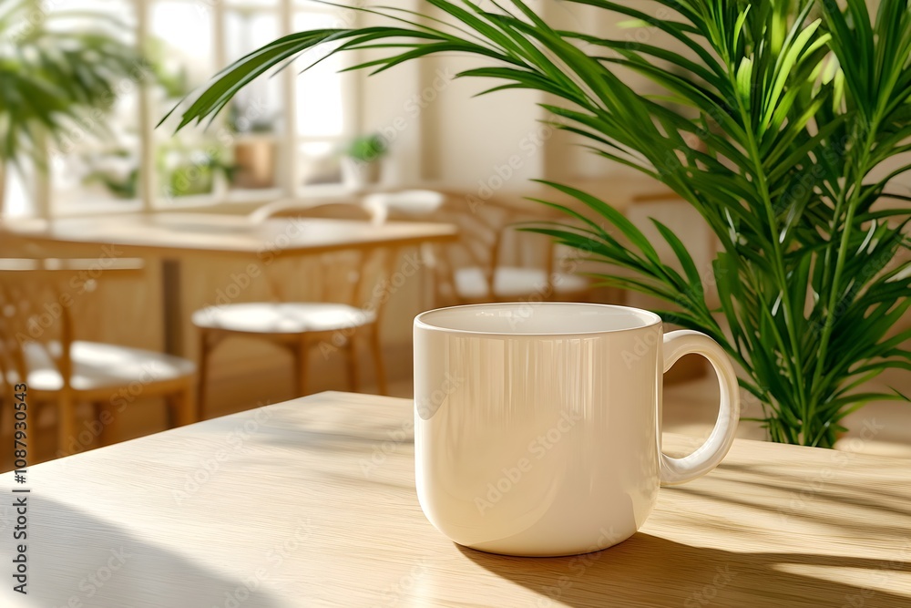 Obraz premium Blank white mug mockup on a stylish table in a cafe, with plants and cozy seating.