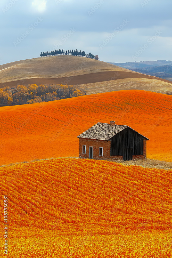 A small rustic house stands alone in a striking orange field, surrounded by gently rolling hills adorned with fall foliage under a cloudy sky A small rustic house stands alone in a striking orange field, surrounded by gently rolling hills adorned with fall foliage under a cloudy sky