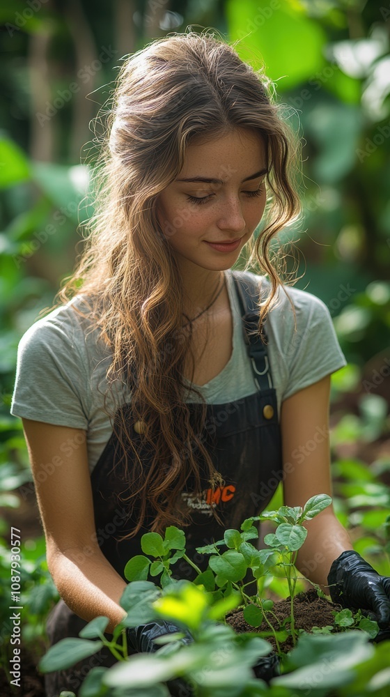 Fototapeta premium Young Caucasian woman nurturing plants in a lush garden, showing dedication and care for nature.