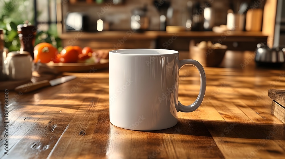 Blank white mug mockup in a bright kitchen environment surrounded by fresh ingredients and cooking utensils. Blank white mug mockup in a bright kitchen environment surrounded by fresh ingredients and cooking utensils.