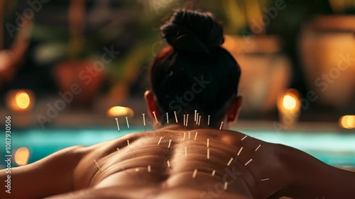 A serene spa scene with acupuncture needles placed on a woman's back near soft candlelight photo