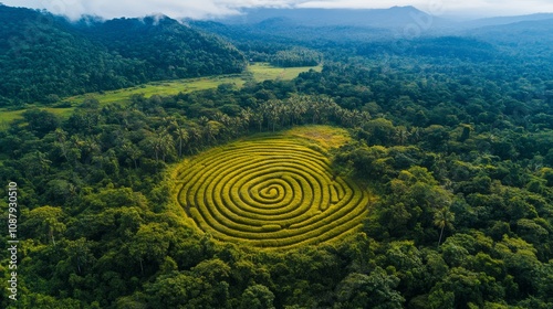 The image of beautiful forests, natural mountains and vast rice fields forms a fingerprint when viewed from above. The image is clearly visible. photo